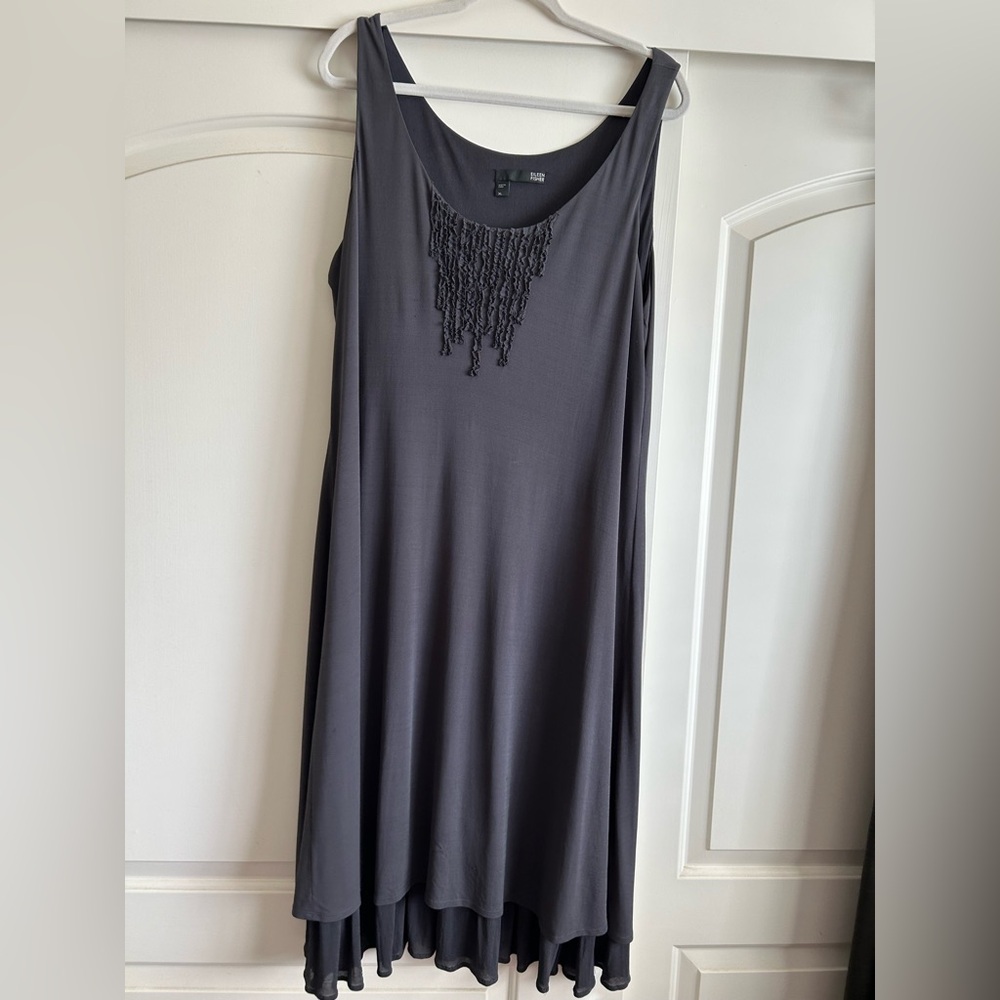 EILEEN FISHER Scoop-neck Stretch Silk Jersey Dark Gray Ruffled Dress Sz XL